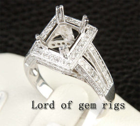 Diamond Semi Mount Ring 14K White Gold Setting Emerald Cut 6X8mm Milgrain - Lord of Gem Rings