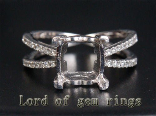 Diamond Semi Mount Ring 14K White Gold Setting Split Shank Cushion 9mm - Lord of Gem Rings
