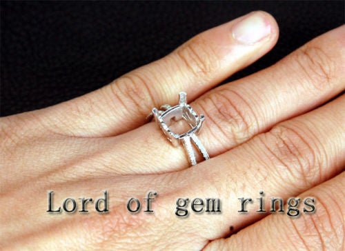 Diamond Semi Mount Ring 14K White Gold Setting Split Shank Cushion 9mm - Lord of Gem Rings