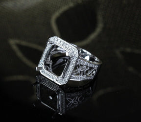 Diamond Semi Mount Ring Filigree Shank 14K White Gold Emerald Cut 10x12mm - Lord of Gem Rings