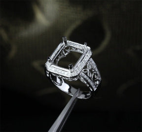 Diamond Semi Mount Ring Filigree Shank 14K White Gold Emerald Cut 10x12mm - Lord of Gem Rings