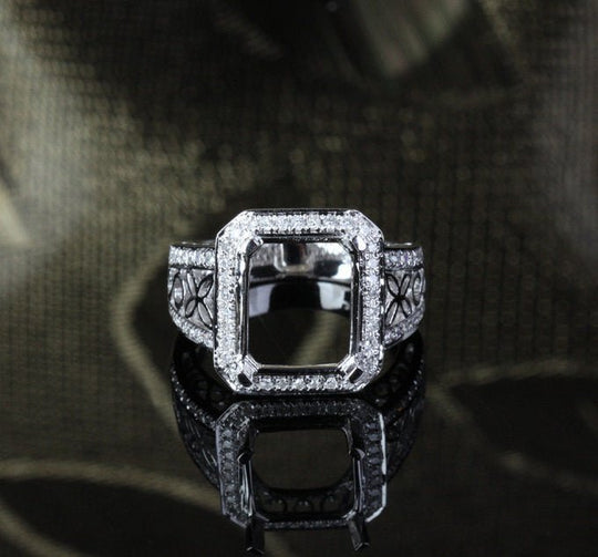 Diamond Semi Mount Ring Filigree Shank 14K White Gold Emerald Cut 10x12mm