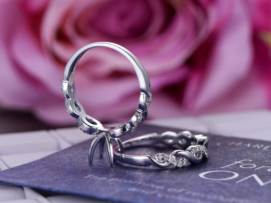 Diamond Semi Mount Ring Infinite Love Bridal Set 14K White Gold, Round 6mm