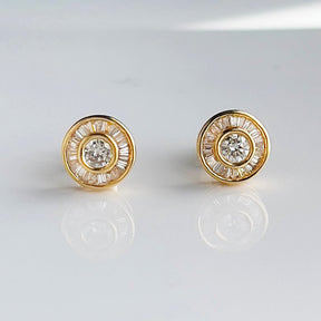 Diamond Stud Earrings in 14K Yellow Gold - Baguette & Round Channel Set .73ctw Diamonds Stud Earrings - Lord of Gem Rings