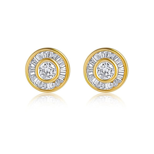 Diamond Stud Earrings in 14K Yellow Gold - Baguette & Round Channel Set  .73ctw Diamonds Stud Earrings
