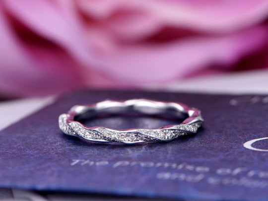 Diamond Wedding Band Wavy Eternity Anniversary Ring 14K White Gold