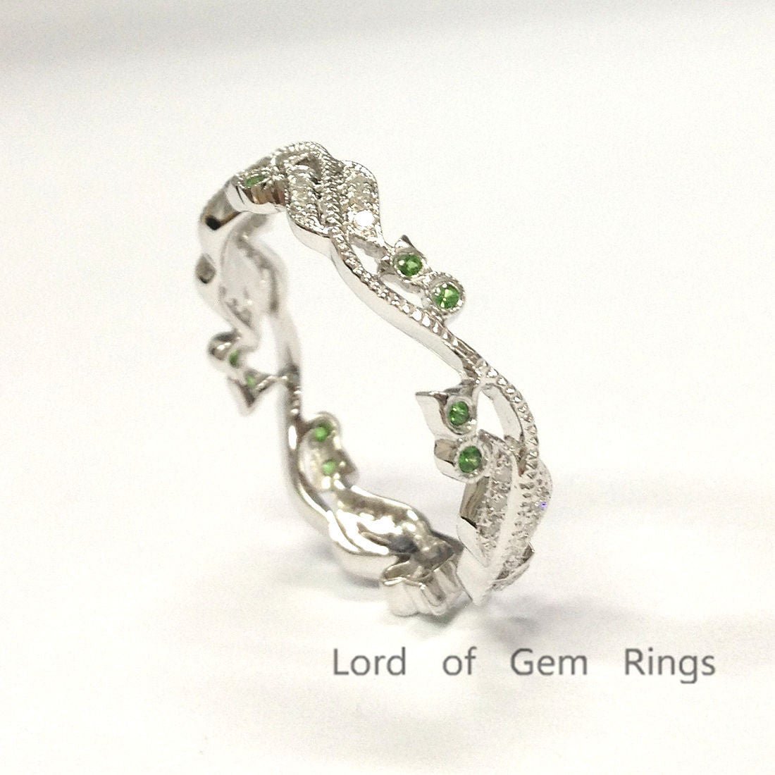 Diamonds Tsavorite(Garnet) Leaf Vine Ring 14K White Gold - Lord of Gem Rings
