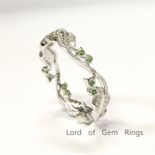 Diamonds Tsavorite(Garnet) Leaf Vine Ring 14K White Gold