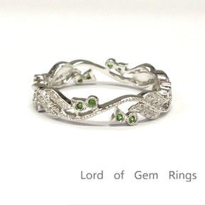 Diamonds Tsavorite(Garnet) Leaf Vine Ring 14K White Gold - Lord of Gem Rings