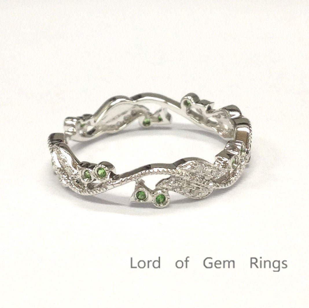 Diamonds Tsavorite(Garnet) Leaf Vine Ring 14K White Gold - Lord of Gem Rings