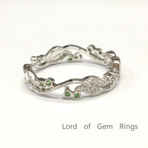 Diamonds Tsavorite(Garnet) Leaf Vine Ring 14K White Gold - Lord of Gem Rings