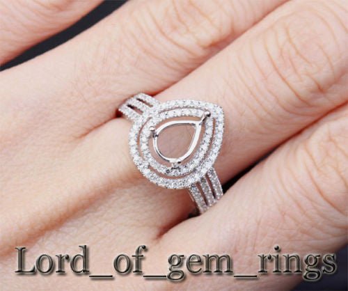 Double Halo Pear Semi Mount Setting Triple Row Diamond Band - Lord of Gem Rings