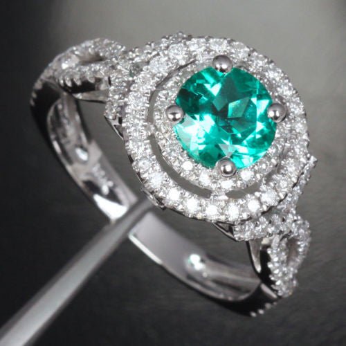 Double Halo Round Emerald Criss Cross Engagement Ring Diamond Accents - Lord of Gem Rings