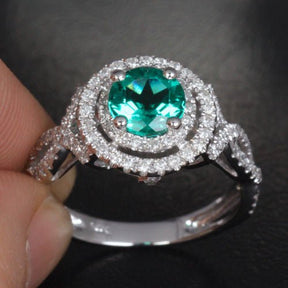 Double Halo Round Emerald Criss Cross Engagement Ring Diamond Accents - Lord of Gem Rings