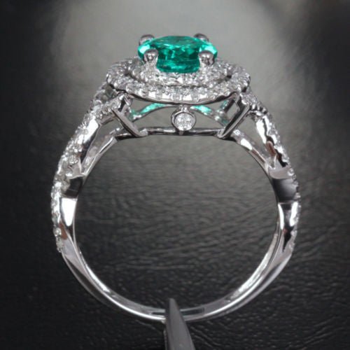 Double Halo Round Emerald Criss Cross Engagement Ring Diamond Accents - Lord of Gem Rings