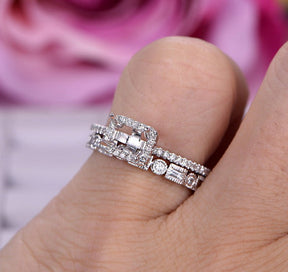 E-W Direction Emerald Cut Bridal Set Baguette Diamond Band - Lord of Gem Rings