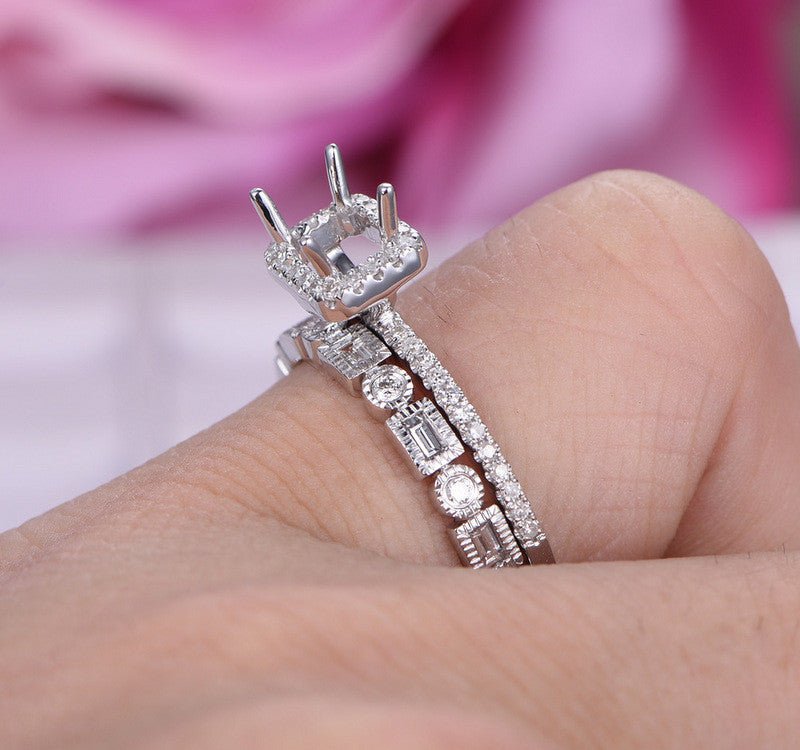 E-W Direction Emerald Cut Bridal Set Baguette Diamond Band - Lord of Gem Rings