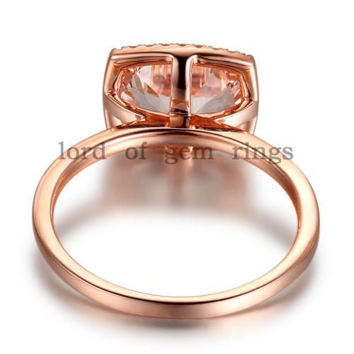 East-West Oval Morganite Ring Diamond Cushion Halo14K Rose Gold - Lord of Gem Rings