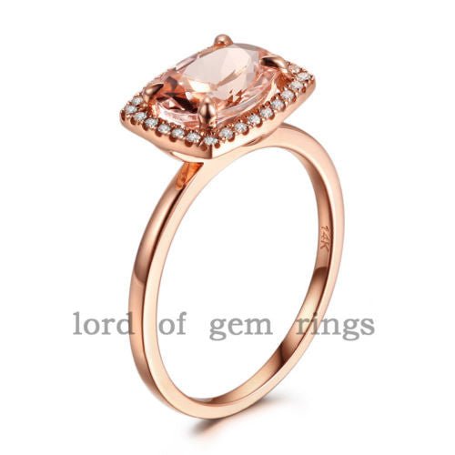 East-West Oval Morganite Ring Diamond Cushion Halo14K Rose Gold - Lord of Gem Rings