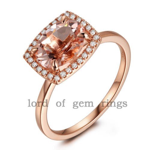 East-West Oval Morganite Ring Diamond Cushion Halo14K Rose Gold