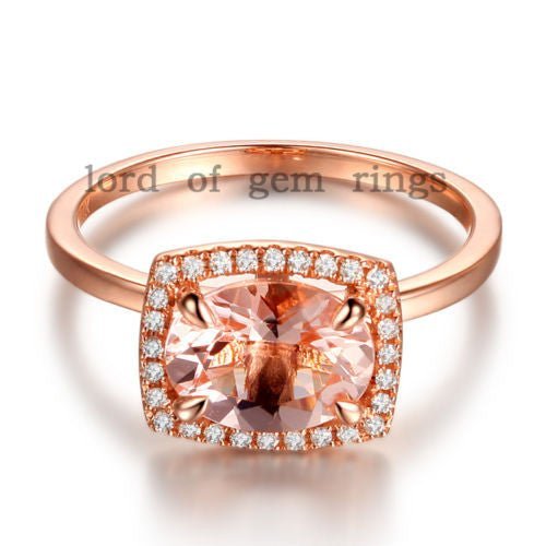 East-West Oval Morganite Ring Diamond Cushion Halo14K Rose Gold - Lord of Gem Rings