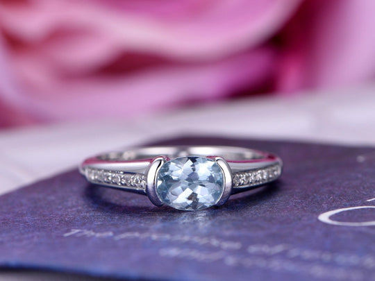 East West Set Oval Aquamarine Diamond Engagement Ring 14K White Gold