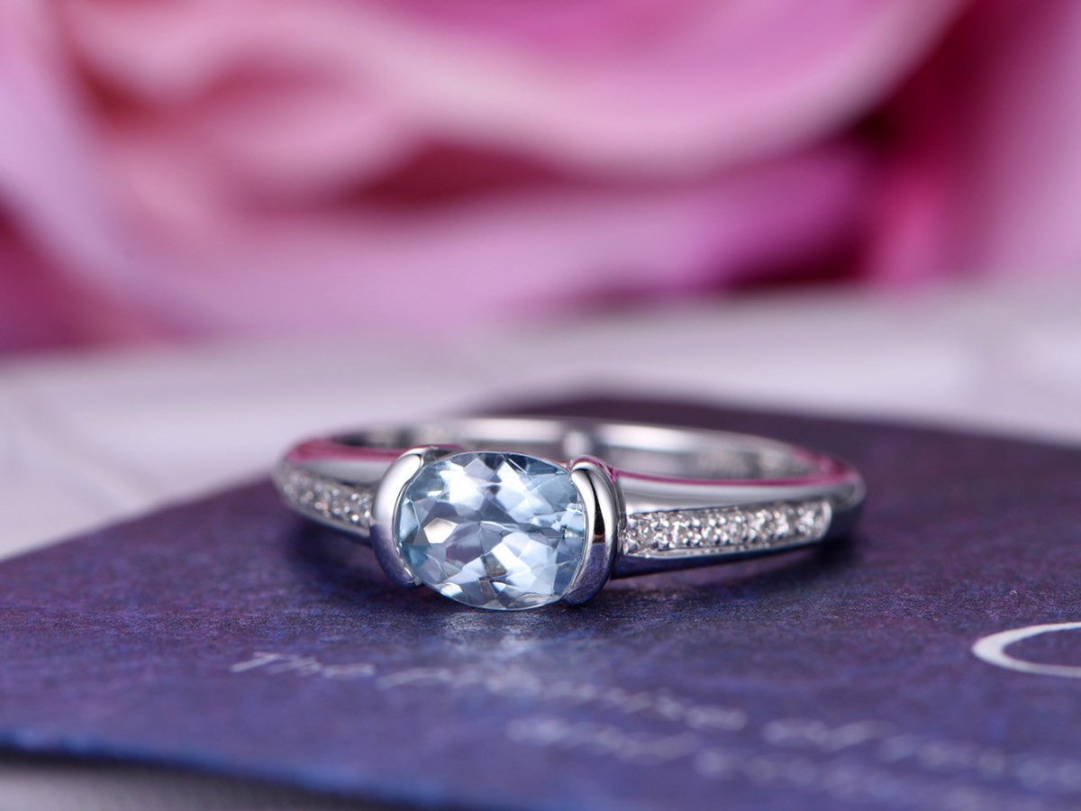 East West Set Oval Aquamarine Diamond Engagement Ring 14K White Gold - Lord of Gem Rings