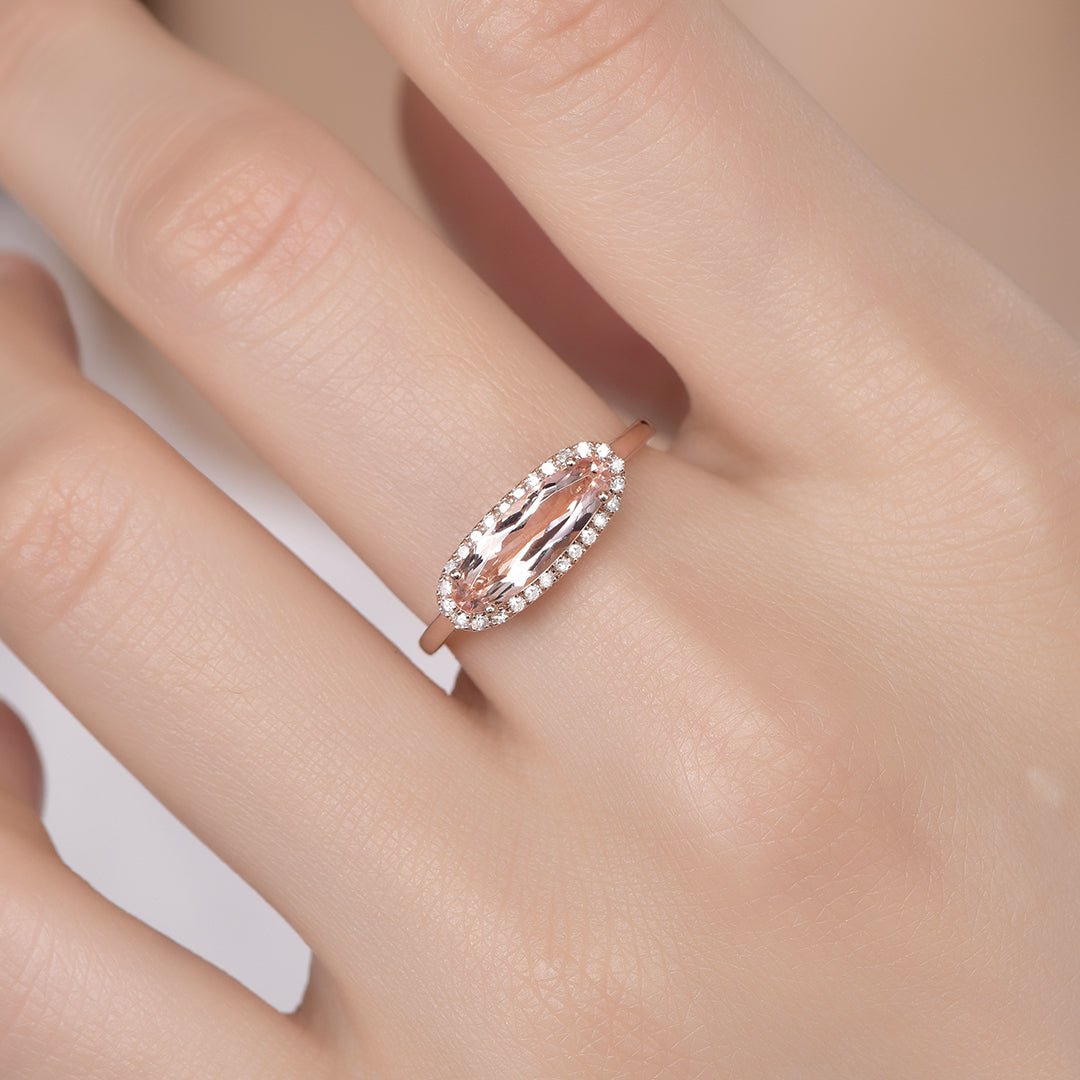 East-West Set Oval Elongated Morganite Ring Diamond Halo14K Rose Gold - Lord of Gem Rings