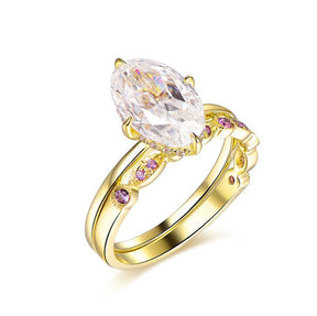 Elongated 8x12mm Oval Cut Moissanite Diamond Amethyst Bridal Set 14K Yellow Gold - Lord of Gem Rings