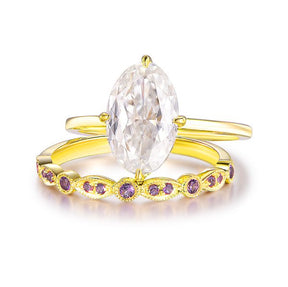 Elongated 8x12mm Oval Cut Moissanite Diamond Amethyst Bridal Set 14K Yellow Gold - Lord of Gem Rings