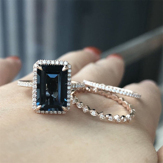 Elongated Emerald Cut London Blue Topaz Diamond Trio Set 14K Rose Gold