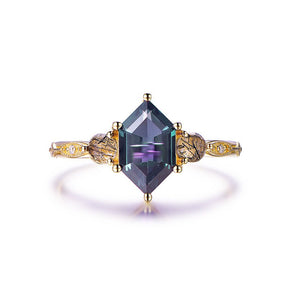 Elongated Hexagon Alexandrite Black Rutilated Quartz Vintage Ring 14K Yellow Gold - Lord of Gem Rings