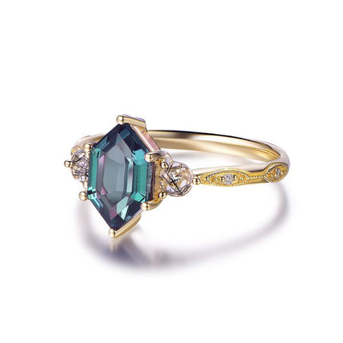 Elongated Hexagon Alexandrite Black Rutilated Quartz Vintage Ring 14K