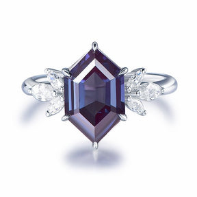 Elongated Hexagon Alexandrite Marquise Moissanite Leaf Ring 14K Gold - Lord of Gem Rings