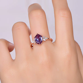 Elongated Hexagon Alexandrite Marquise Moissanite Leaf Ring 14K Gold - Lord of Gem Rings