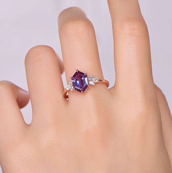 Elongated Hexagon Alexandrite Marquise Moissanite Leaf Ring 14K Gold - Lord of Gem Rings