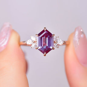 Elongated Hexagon Alexandrite Marquise Moissanite Leaf Ring 14K Gold - Lord of Gem Rings