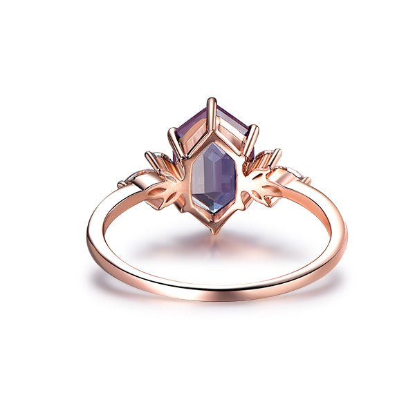 Elongated Hexagon Alexandrite Marquise Moissanite Leaf Ring 14K Gold - Lord of Gem Rings