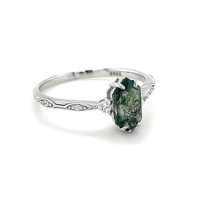 Elongated Hexagon Moss Agate Ring in Vintage Setting - Lord of Gem Rings