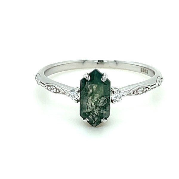 Elongated Hexagon Moss Agate Ring in Vintage Setting - Lord of Gem Rings