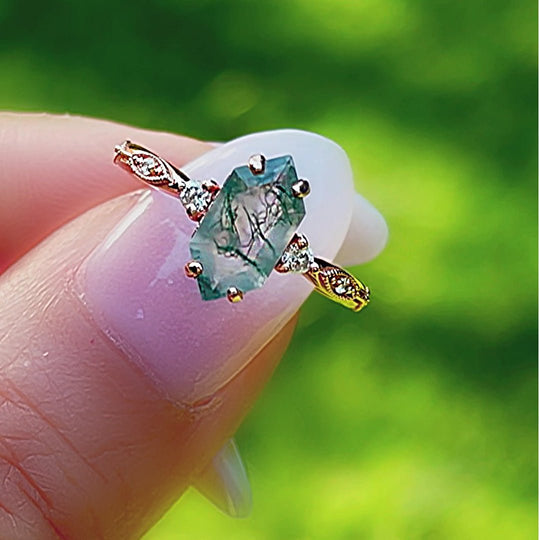 Elongated Hexagon Moss Agate Ring in Vintage Setting