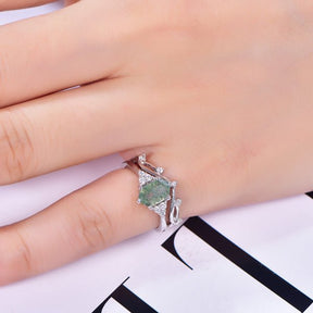 Elongated Hexagon Natural Moss Agate Diamond Bridal Set in 14K Gold - Lord of Gem Rings