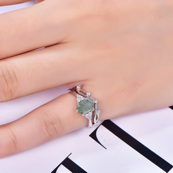 Elongated Hexagon Natural Moss Agate Diamond Bridal Set in 14K Gold - Lord of Gem Rings