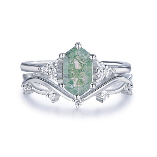 Elongated Hexagon Natural Moss Agate Diamond Bridal Set in 14K Gold