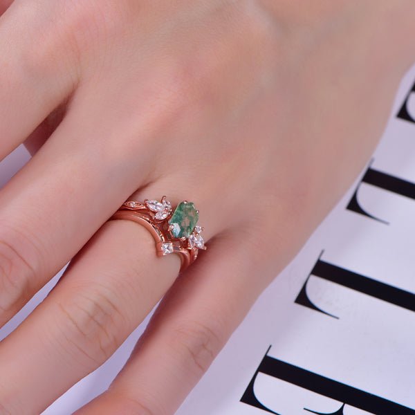 Elongated Hexagon Natural Moss Agate Leaf Ring Matching Chevron Princess Band, 14K Gold/Silver - Lord of Gem Rings