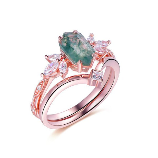 Elongated Hexagon Natural Moss Agate Leaf Ring Chevron Band, 14K Gold/Silver