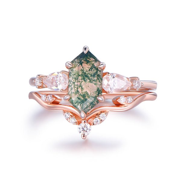 Elongated Hexagon Natural Moss Agate Pear Moissanite Ring with Curved Matching Band - Lord of Gem Rings