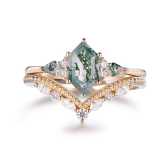 Elongated Hexagon Natural Moss Agate Ring Matching Curved Marquise Band, 14K Gold/Silver