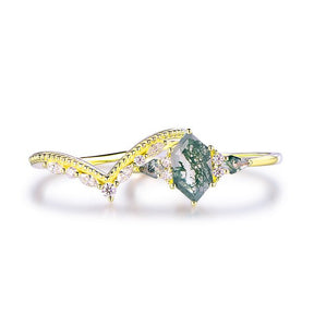 Elongated Hexagon Natural Moss Agate Ring Matching Curved Marquise Band, 14K Gold/Silver - Lord of Gem Rings