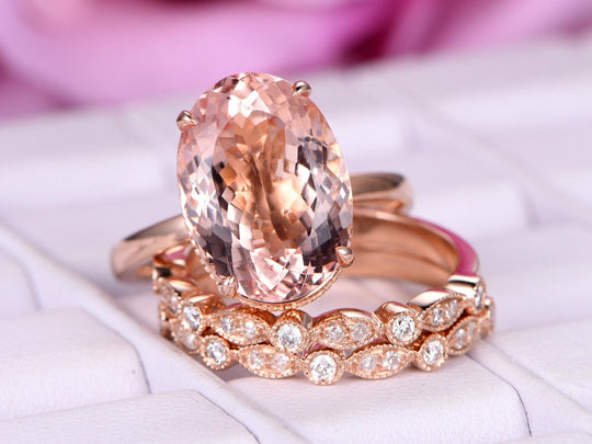 Elongated Oval Morganite Milgrain Under Gallery Art Deco Ring Set